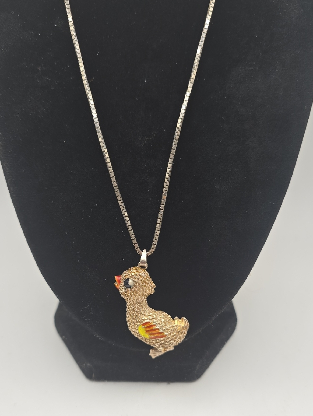 Vintage Silver Gold Tone Chick Pendant On Sterling Silver Box Chain Necklace